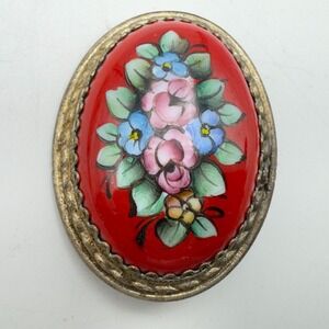 Antique Gorgeous Russian Enamel Flower Brooch Red Handpainted Floral Roses